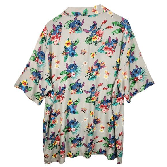 Disney Stitch Shirt Mens XXL Beige Floral Hawaiian Button Up Rayon Short Slv EUC - Picture 2 of 11